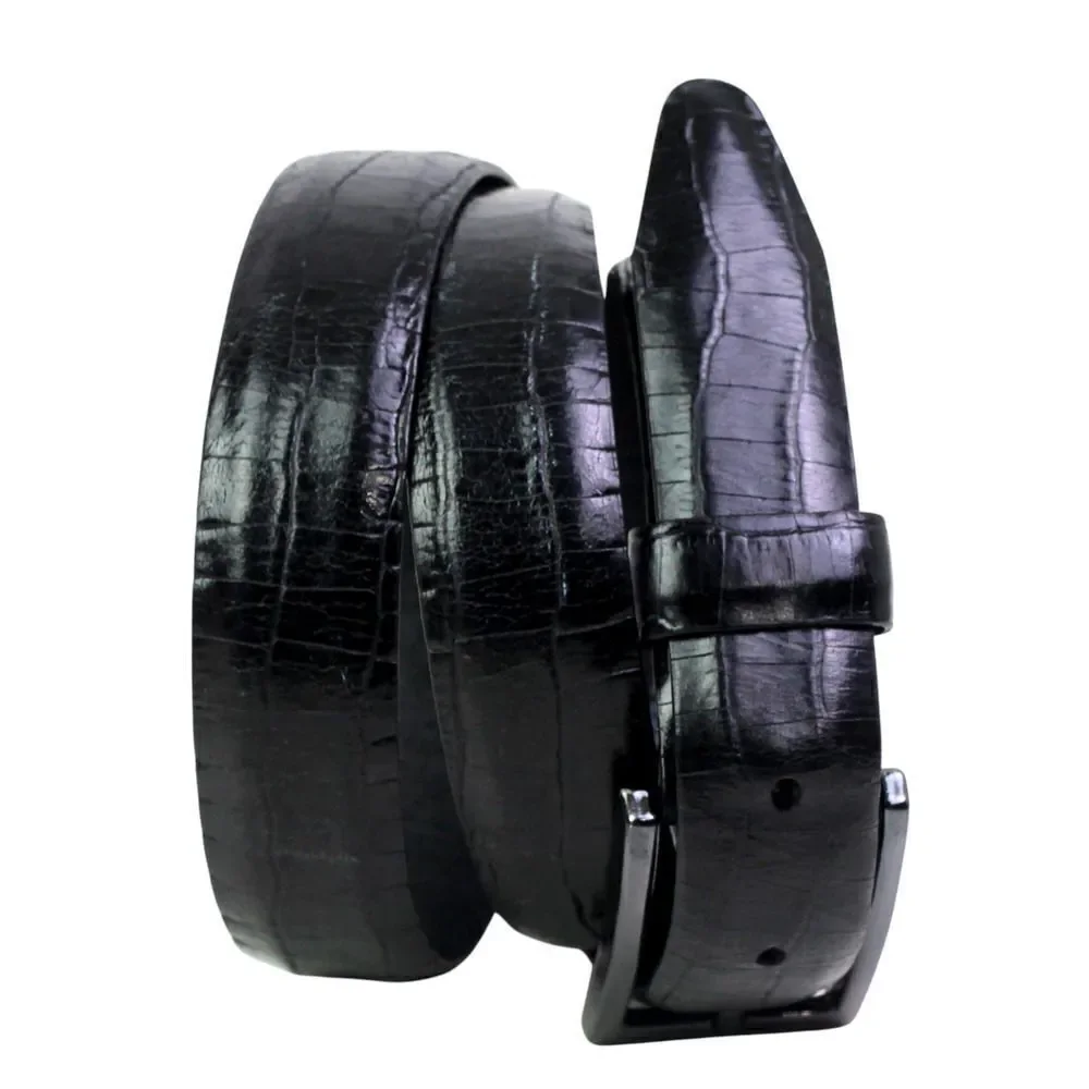 BLACK GENUINE LEATHER CROCO PRINT 1 1/8